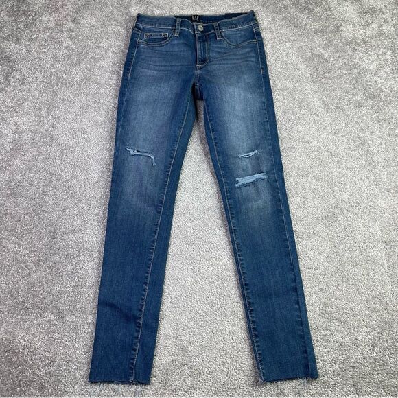 Gap Favorite Jegging Women's 25 Blue Skinny Mid-Rise Dark Distressed Jeans - Picture 1 of 13
